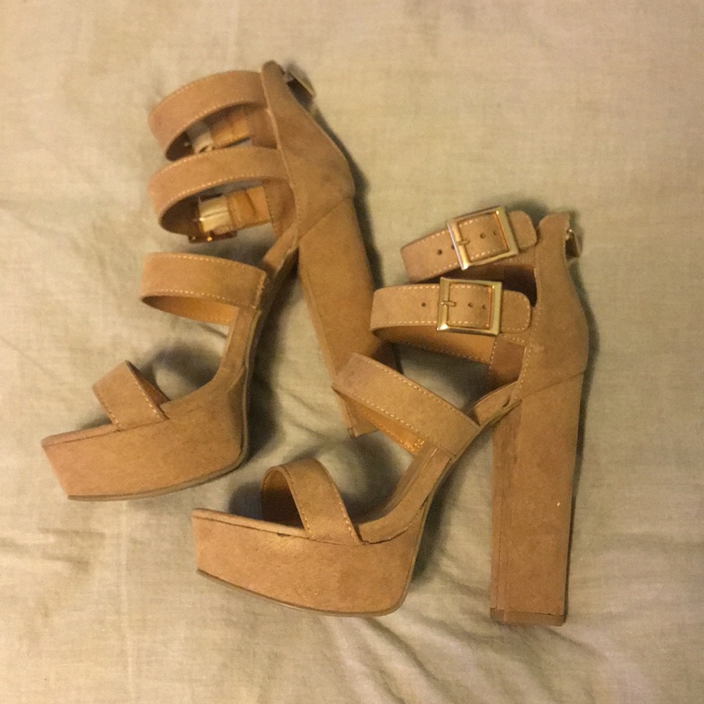 Nude Suede Strappy Platform Chunky Heels